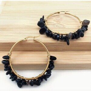 18k Gold Plated Natural Black Obsidian Stone Hoop Earrings